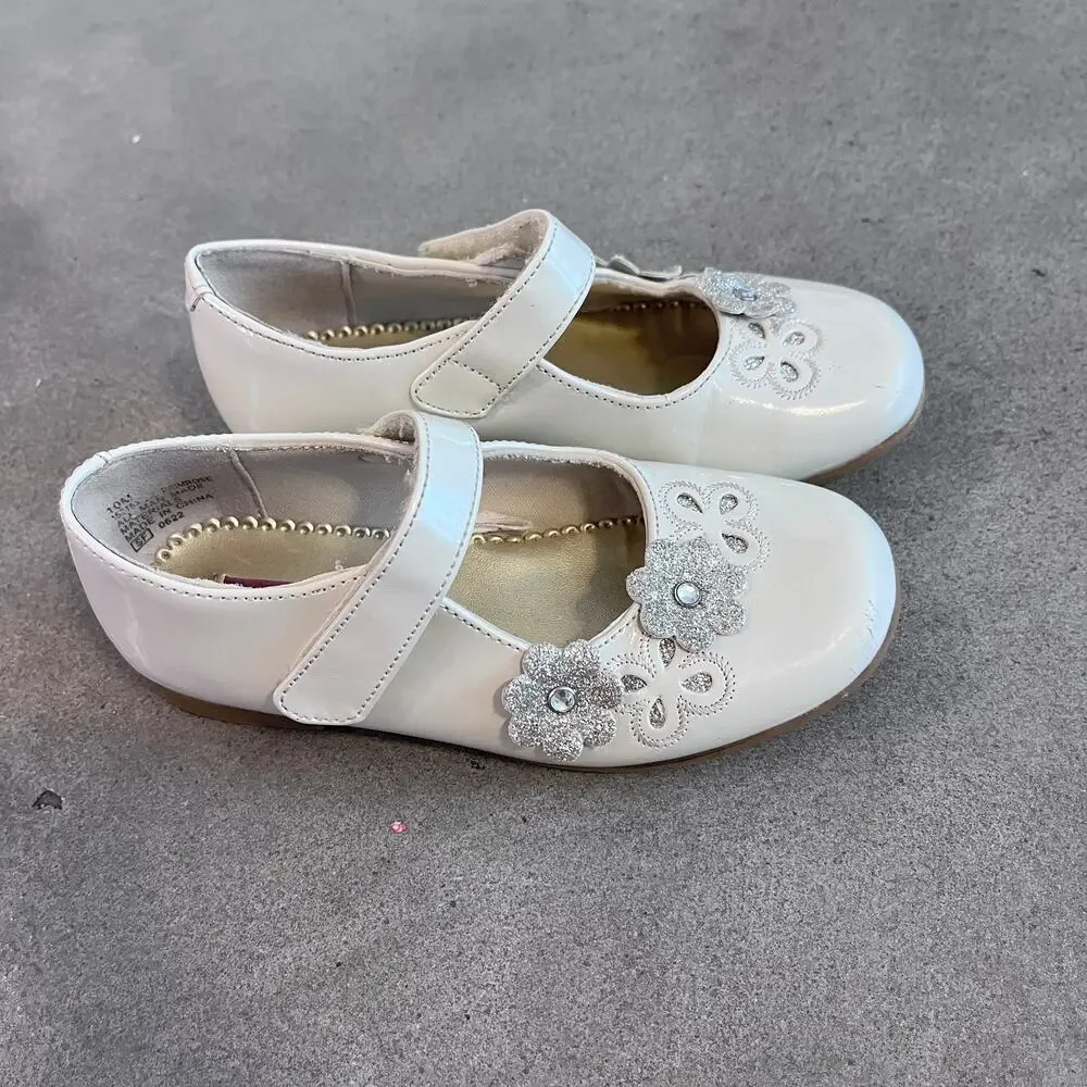 Rachel Shoes beige cream gold flowers mary jane dress shoes toddler girl size 10